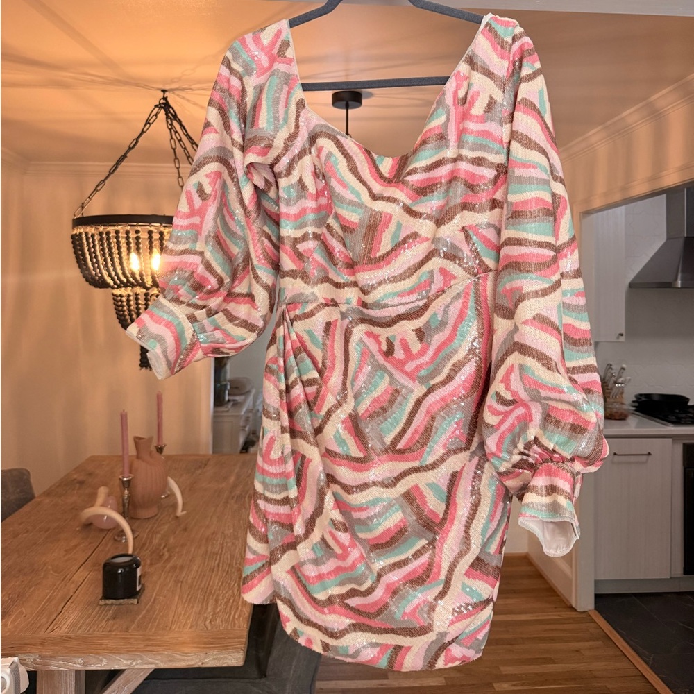 Halston Heritage Pink & Mint Sequin Wave-Print Mini Dress